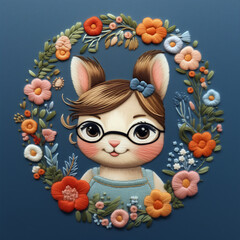 An adorable embroidery portrait of an anthropomorphic bunny girl with glasses. A cute rabbit kid surrounded by wildflowers. Textile design embroidered on blue fabric. AI-generated