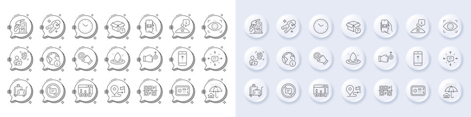 Drag drop, Internet and Parking place line icons. White pin 3d buttons, chat bubbles icons. Pack of Swipe up, Petrol station, Touchscreen gesture icon. Sms, Keys, Time pictogram. Vector