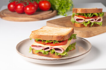 Close-up of two sandwiches with bacon, salami, prosciutto and fresh vegetables on rustic wooden cutting board. Club sandwich concept - 752430777