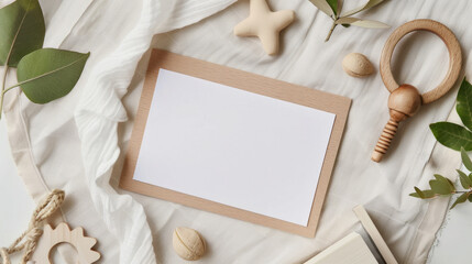 A minimalist flat lay featuring a blank card, wooden toys, and green leaves on a textured white fabric. Ideal for invitation mockups, baby announcements, and eco-friendly product displays.
