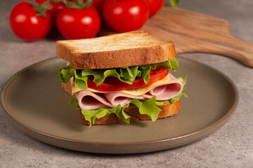 Close-up of two sandwiches with bacon, salami, prosciutto and fresh vegetables on rustic wooden cutting board. Club sandwich concept - 752430918
