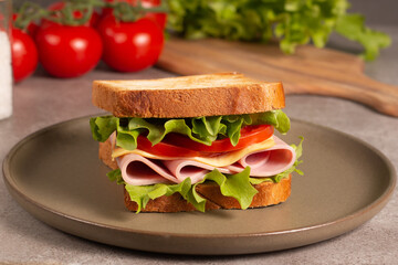 Close-up of two sandwiches with bacon, salami, prosciutto and fresh vegetables on rustic wooden cutting board. Club sandwich concept - 752430943