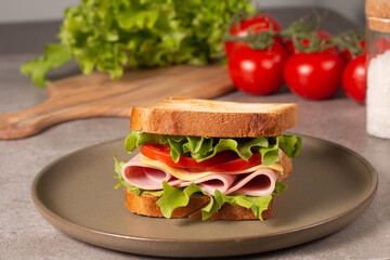 Close-up of two sandwiches with bacon, salami, prosciutto and fresh vegetables on rustic wooden cutting board. Club sandwich concept - 752430992