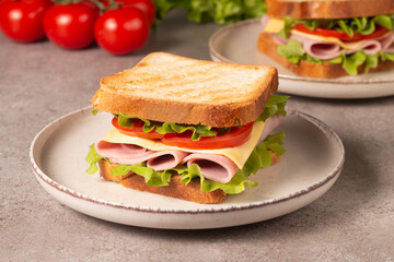 Close-up of two sandwiches with bacon, salami, prosciutto and fresh vegetables on rustic wooden cutting board. Club sandwich concept - 752431143