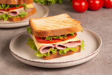 Close-up of two sandwiches with bacon, salami, prosciutto and fresh vegetables on rustic wooden cutting board. Club sandwich concept