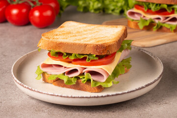 Close-up of two sandwiches with bacon, salami, prosciutto and fresh vegetables on rustic wooden cutting board. Club sandwich concept - 752431180