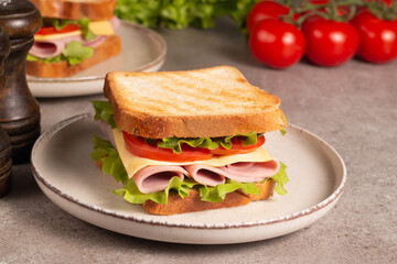 Close-up of two sandwiches with bacon, salami, prosciutto and fresh vegetables on rustic wooden cutting board. Club sandwich concept - 752431198
