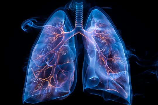 human anatomy lung medical illustration in blue and black, in the style of 3d, simple, black background. Generative AI
