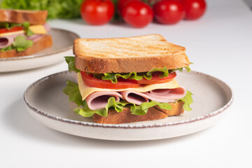 Close-up of two sandwiches with bacon, salami, prosciutto and fresh vegetables on rustic wooden cutting board. Club sandwich concept - 752431305