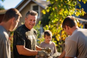Neighbors helping each other with brotherhood and camaraderie with social works and charity