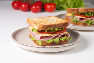 Close-up of two sandwiches with bacon, salami, prosciutto and fresh vegetables on rustic wooden cutting board. Club sandwich concept - 752431331