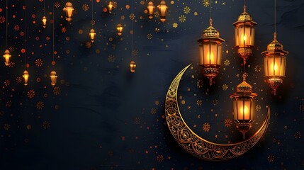 Obraz premium ramadan islamic greeting card of crescent moon decoration and lanterns with copy space area banner