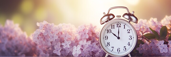 a alarm clock with purple flowers - obrazy, fototapety, plakaty