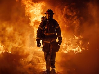 Fototapeta premium Firefighter Saving Lives with Courage: A Brave and Determined Hero, Clad in Protective Gear and Standing Tall in Service to Others