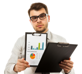 Confident businessman with clipboard on transparent background - stock png.