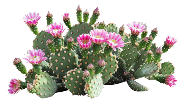 Blooming pink cactus flowers isolated on transparent background - stock png.
