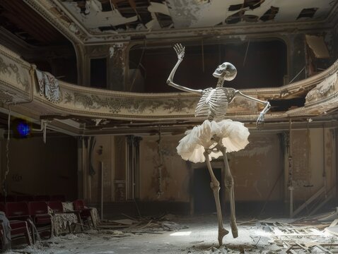 A skeleton in a tutu performing an elegant ballet routine in an abandoned theater with ghostly audience shadows 