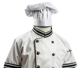 Chef's white uniform with hat on transparent background - stock png.