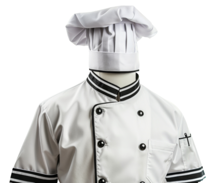 Chef's white uniform with hat on transparent background - stock png.