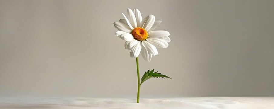 A single white daisy elegantly contrasts against a pristine white background. Concept Floral Photography, Contrast, Minimalism