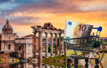10 euro note against the background of the ruins of the Roman Forum