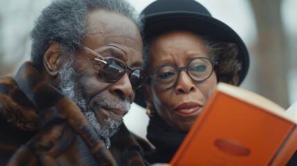 Fototapeta premium A couple of people engaged in reading a book together