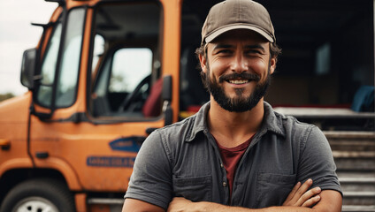 Fototapeta na wymiar Young male truck driver standing in front of his truck, arms crossed, smiling at the camera, bearded man, wearing a hat