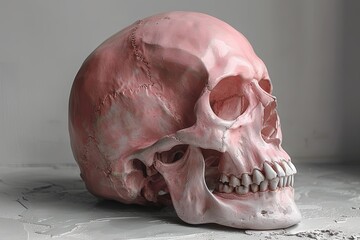 3d model of a pink skull in space, in the style of photo-realistic still life, three-dimensional puzzles, human anatomy, minimalist sculpture. Generative AI