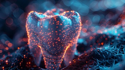 a blue tooth is glowing with blue light against a dark background, in the style of detailed anatomy, glass and ceramics, photo-realistic hyperbole. Generative AI