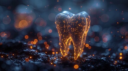 a blue tooth is glowing with blue light against a dark background, in the style of detailed anatomy, glass and ceramics, photo-realistic hyperbole. Generative AI