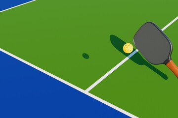 A pickleball racket hits the ball on a sports court. 3d rendering