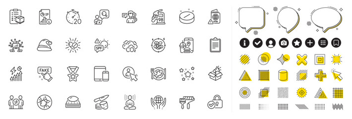 Set of Santa hat, Co2 and Mobile devices line icons for web app. Design elements, Social media icons. Verified locker, Paint roller, Passport warning icons. Vector - obrazy, fototapety, plakaty