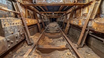 Fototapeta na wymiar Subway train moving rapidly through dark underground tunnel creating motion blur effect