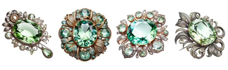 Fine jewelry with a transparent large green stone, intricate design set against a transparent PNG background