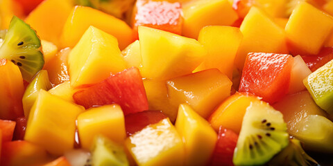 Fruit salad close-up. Sliced kiwi and mango with pineapple. Delicious fruit dessert