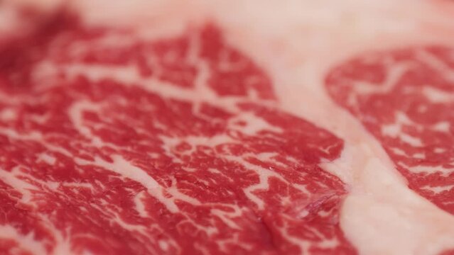 Fresh marbled beef with pepper, salt and rosemary close-up macro. Preparation to cook juicy steak on grill. Premium organic raw wagyu meat