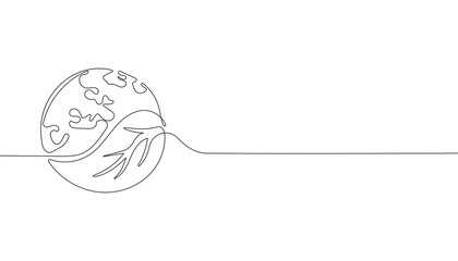 continuous single line drawing of globe and leaves, line art style vector illustration