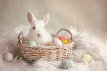 little white bunny in a basket with colorful eggs for easter on a white background in studio, easter card, generative AI