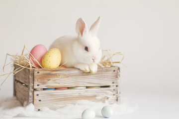 little white bunny in a basket with colorful eggs for easter on a white background in studio, easter card, generative AI