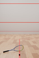 A racket and a squash ball are lying on the court floor in the sports room. 3d rendering