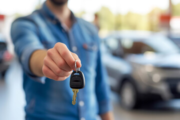 Man holding key in front of new car . Male customer on showroom background, purchasing auto