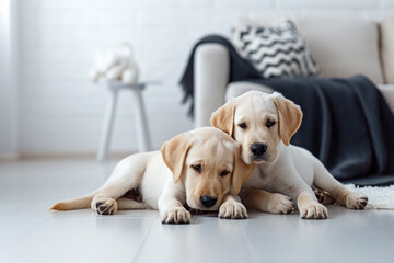 two Puppies white room lying on floor modern home