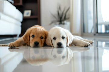 two Puppies white room lying on floor modern home