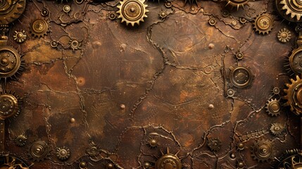 Background Texture Pattern in the Style of Steampunk Leatherwork - Leather textures with steampunk gears and mechanical motifs created with Generative AI Technology - obrazy, fototapety, plakaty