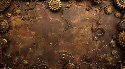 Fotobehang Background Texture Pattern in the Style of Steampunk Leatherwork - Leather textures with steampunk gears and mechanical motifs created with Generative AI Technology © Sentoriak