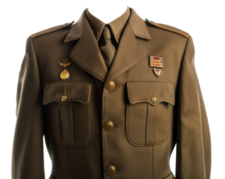 Military jacket with insignia on khaki fabric on transparent background - stock png.