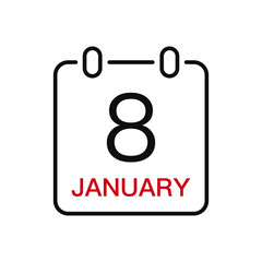 January 8 date on the calendar, vector line stroke icon for user interface. Calendar with date, vector illustration.