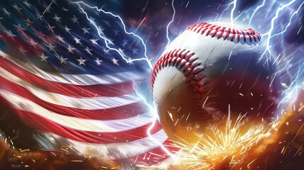 Baseball in motion with American flag background - Dynamic image of a baseball with motion blur effects against an American flag backdrop capturing the excitement of sports and patriotism - obrazy, fototapety, plakaty