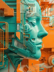 Futuristic face with circuitry and machinery - A highly detailed 3D rendering of a face integrated with circuitry and machinery, symbolizing the fusion of humanity and technology