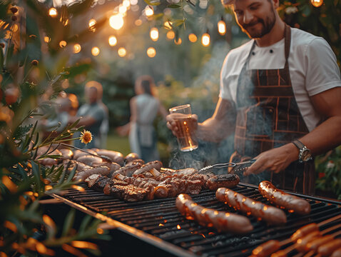 Barbecue party, guests with glasses in their hands stand around a chef who is grilling sausages and steaks